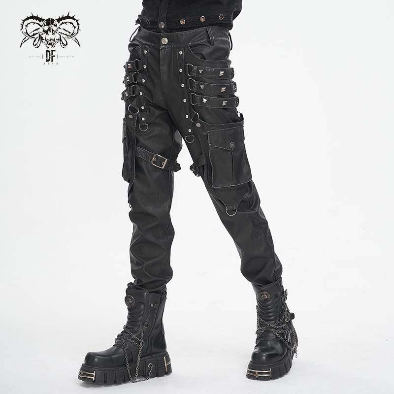 Devil Fashion恶魔时尚男装哥特朋克暗黑铆钉装饰皮料裤子PT24401