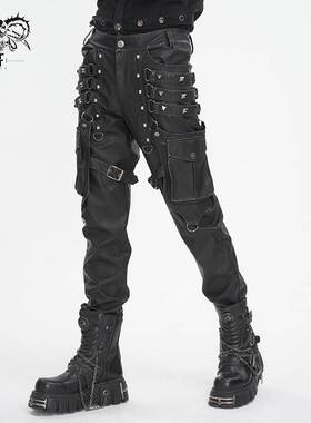 Devil Fashion恶魔时尚男装哥特朋克暗黑铆钉装饰皮料裤子PT24401