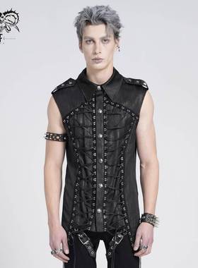 Devil Fashion恶魔时尚哥特暗黑男装翻领系绳马甲无袖衬衫SHT134