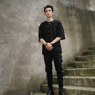 上衣原宿风小众颓废破洞禁欲短轴t恤男创意个性 男士 新款 2020夏季