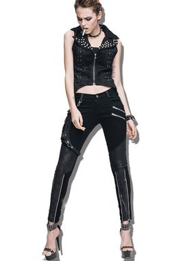 街头朋克欧美摇滚风拼接带包骷髅皮打底裤纯色铅笔裤女皮裤休闲裤