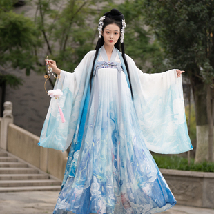 衫 初遇原创汉服中国风超仙加绒雪纺印花斗篷大袖 齐胸襦裙 晗霄