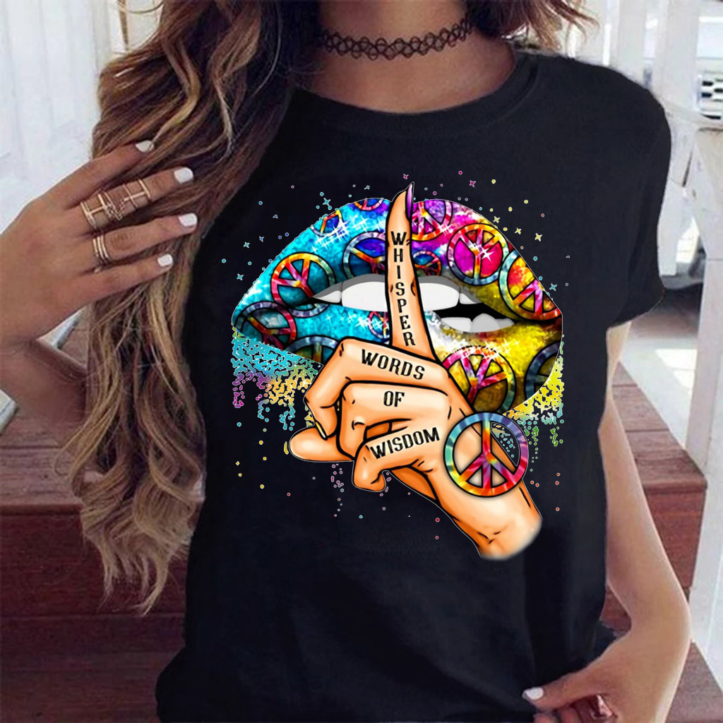 sexy lips print black t-shirt大嘴巴性感嘴唇印花黑色女士短袖