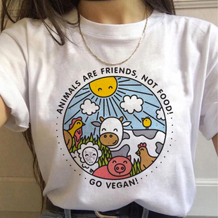 shirt保护地球卡通动物印花女T恤短袖 素食主义者vegan Print