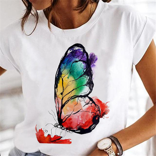 Butterfly Women T恤小众风上衣 Print shirt蝴蝶印花圆领短袖