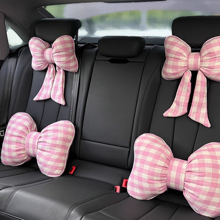 汽车枕头护颈枕网红格子蝴蝶结飘带座椅靠枕腰枕四季通用女神护腰