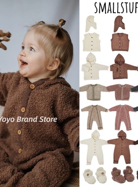 ▲丹麦Small stuff男女童羊毛毛圈加厚外套连体护颈帽脚套套装