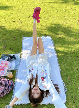 TWORED 美式华夫格花卉防晒长袖衬衫男女宽松慵懒情侣百搭衬衣