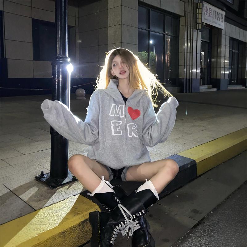 TWORED 爱心字母连帽开衫卫衣美式复古男女宽松休闲情侣灰色外套