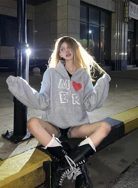 TWORED 爱心字母连帽开衫卫衣美式复古男女宽松休闲情侣灰色外套