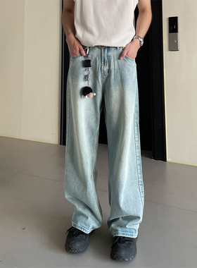TWORED 美式cleanfit复古水洗垂感直筒牛仔裤男宽松浅蓝长裤ins