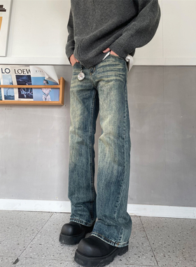 TWORED美式复古水洗蓝色黄泥染微喇牛仔裤男女新款低腰阔腿裤子