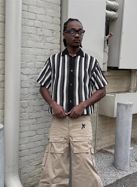 TWORED 夏季镂空竖条纹翻领毛衣针织短袖T恤男女cleanfit衬衫