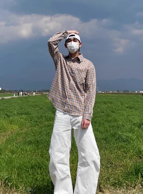 TWORED 春季新款格纹衬衫男宽松情侣百搭外套休闲撞色长袖衬衣