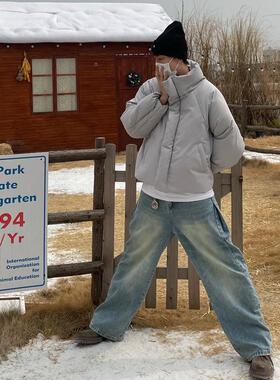 TWORED 美式复古短宽剪裁分割解构男女高领插肩袖磁吸扣保暖棉服