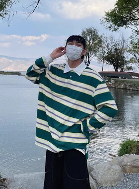 TWORED 美式复古学院风条纹polo衫男高级感痞帅炸街长袖卫衣情侣