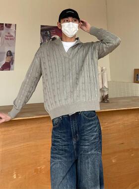 TWORED 灰色粗线亨利领cleanfit毛衣男冬季针织衫美式内搭上衣