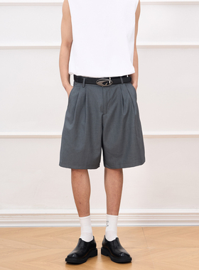 TWORED 灰色西装短裤洋气老钱风男夏季高级A字垂感五分裤休闲中裤