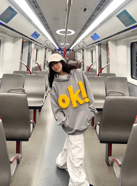 TWORED 美式ok立体字母印花连帽卫衣男女秋季宽松情侣重磅上衣