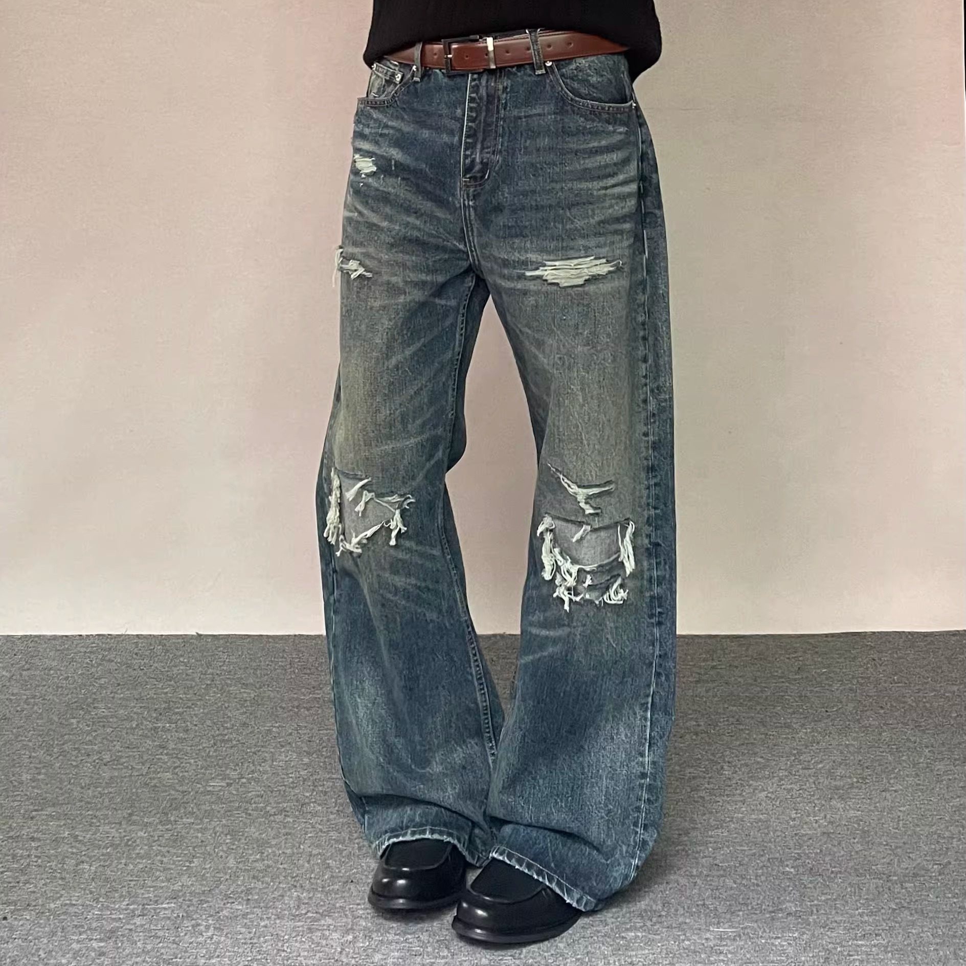 TWORED水洗做旧刀割破坏补丁猫须复古战斗牛王宽松直筒牛仔裤