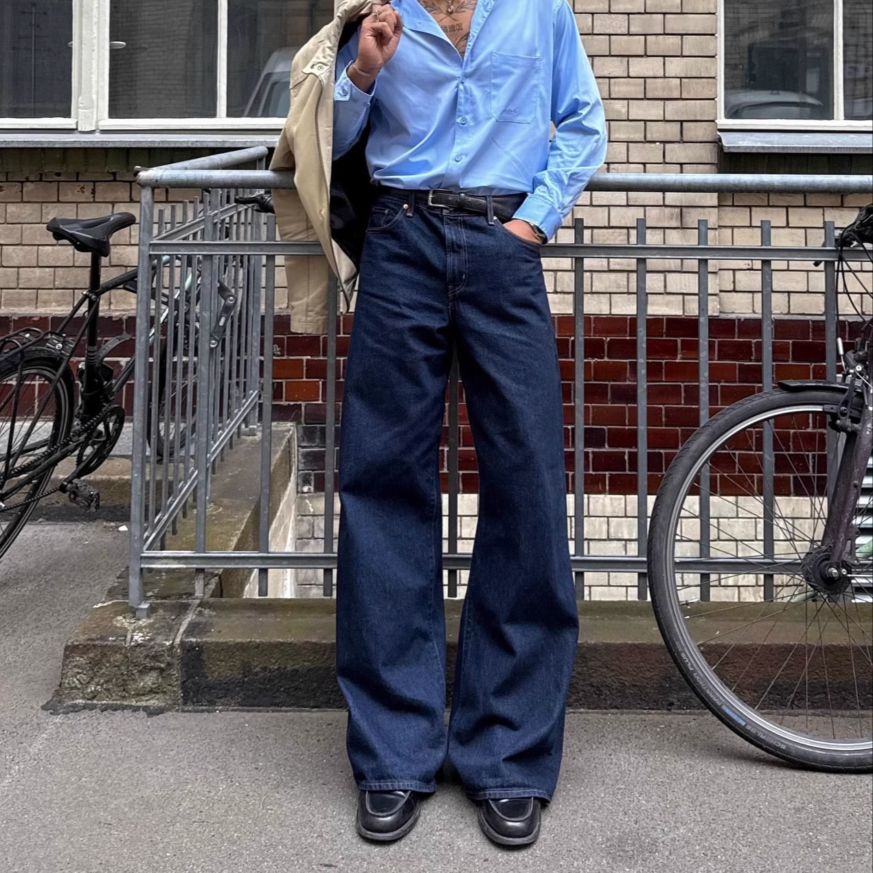 TWORED 美式简约深蓝色直筒牛仔裤男女基础款宽松阔腿拖地长裤子