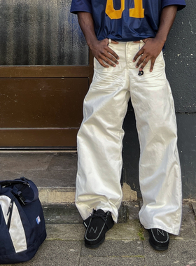 TWORED美式复古压褶抓痕白色牛仔裤男女宽松baggy潮牌百搭阔腿裤