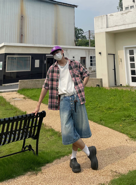 TWORED 美式复古格纹短袖衬衫宽松休闲后背印花字母格子衫情侣