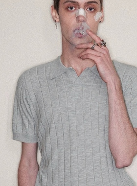 TWORED 夏季知识分子坑条透气V领Polo衫针织短袖T恤合身翻领纯色