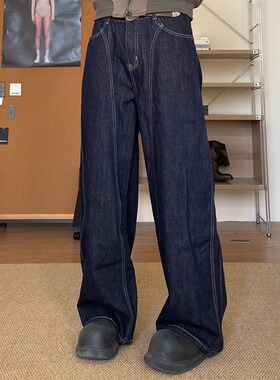 TWORED 美式复古弯刀裤男小众设计感阔腿宽松痞帅原牛丹宁牛仔裤