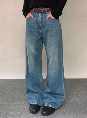 TWORED高级感水洗深蓝色牛仔裤2025秋季宽松直筒男裤cleanfit裤子