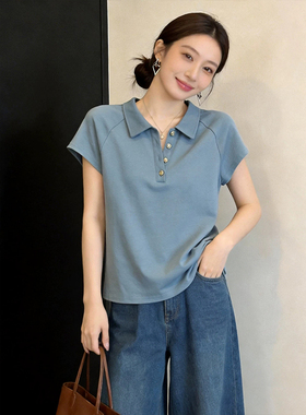 法式复古纯棉蓝色polo领正肩短袖T恤女夏季新款修身遮肉显瘦上衣