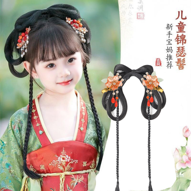 儿童汉服假发包古装一体式全套头饰古风女童蝴蝶结盘发造型发髻