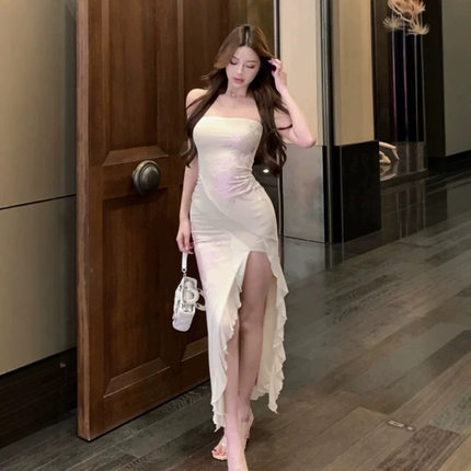氛围感穿搭烫钻抹胸连衣裙女夏季小个子修身性感气质开叉包臀长裙