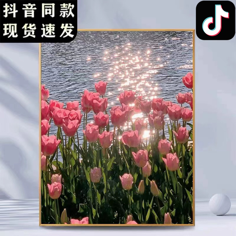 抖音郁金香数字油画diy填充油彩画简单手工涂色丙烯画卧室装饰画图片