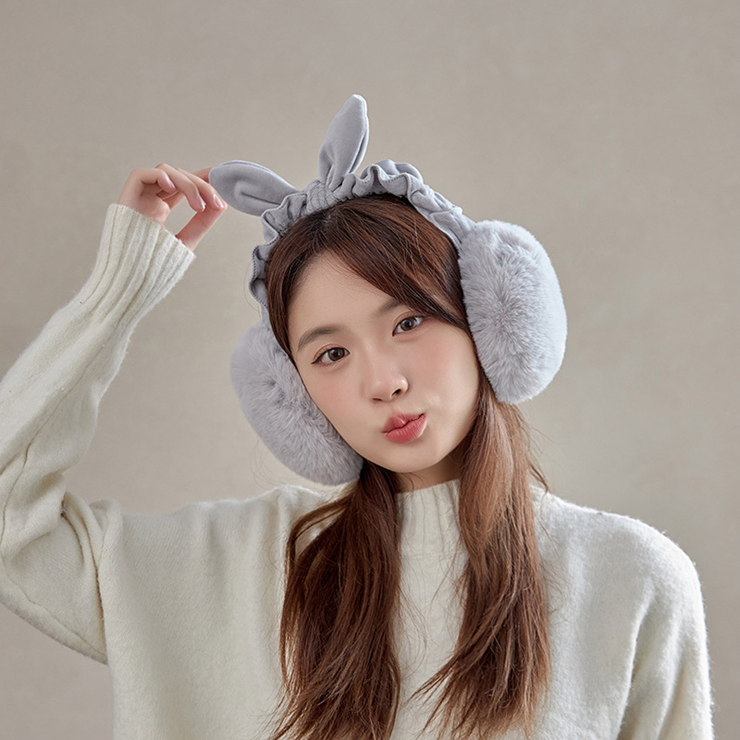 冬季可爱兔毛绒折叠耳套女保暖