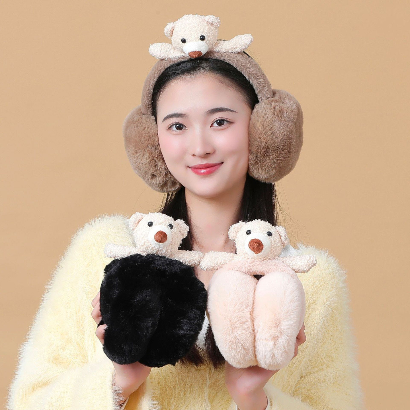 冬季小熊毛绒保暖耳套女款