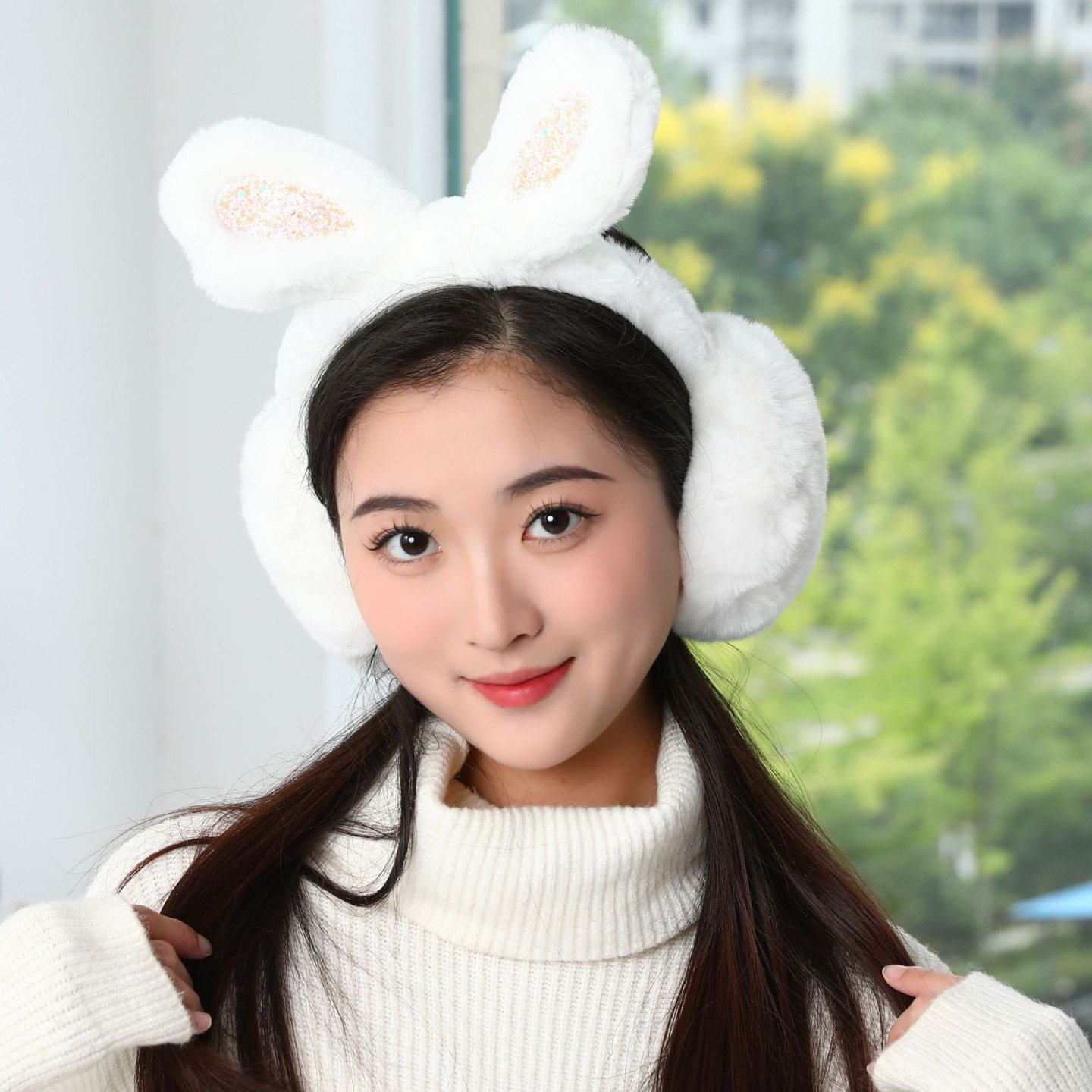 冬季毛绒兔耳护耳罩保暖防冻显小