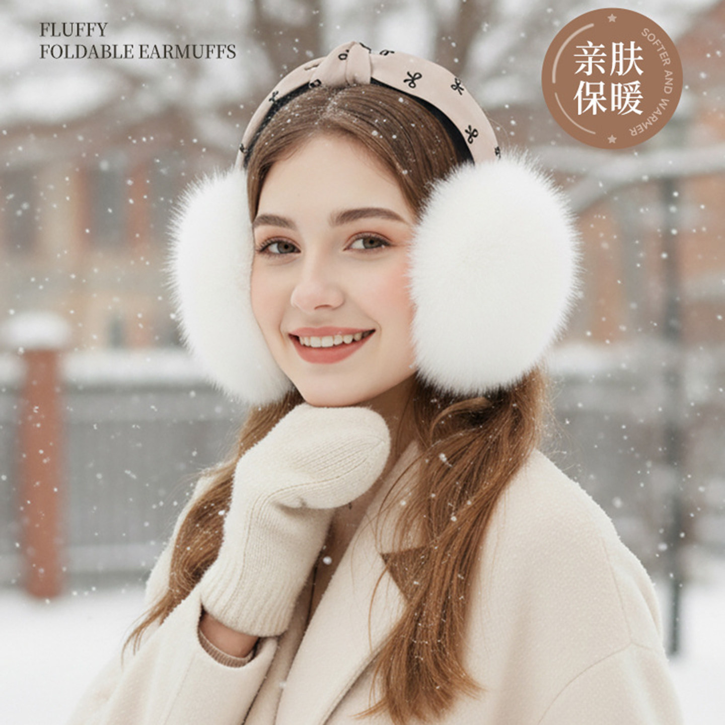 冬季毛绒蝴蝶结保暖耳套女款