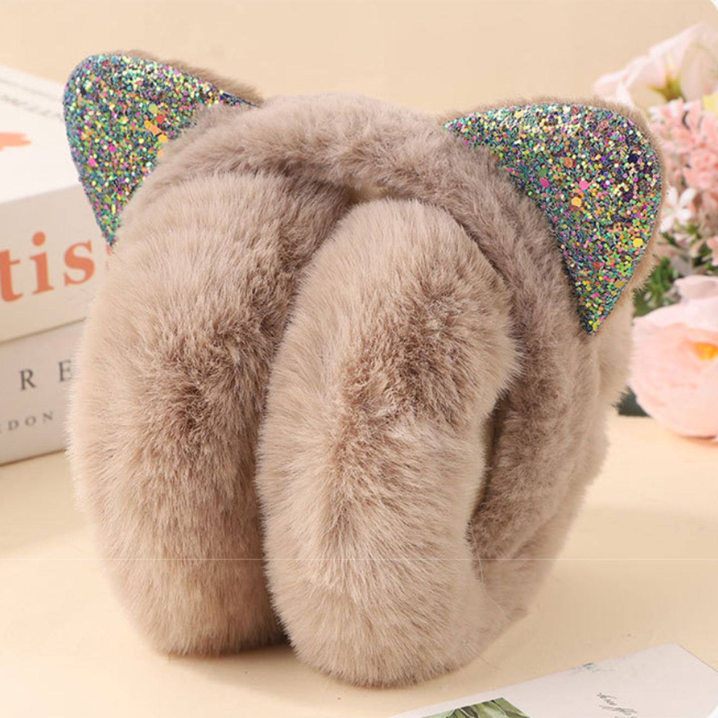 冬季女童毛绒猫耳亮片保暖耳套