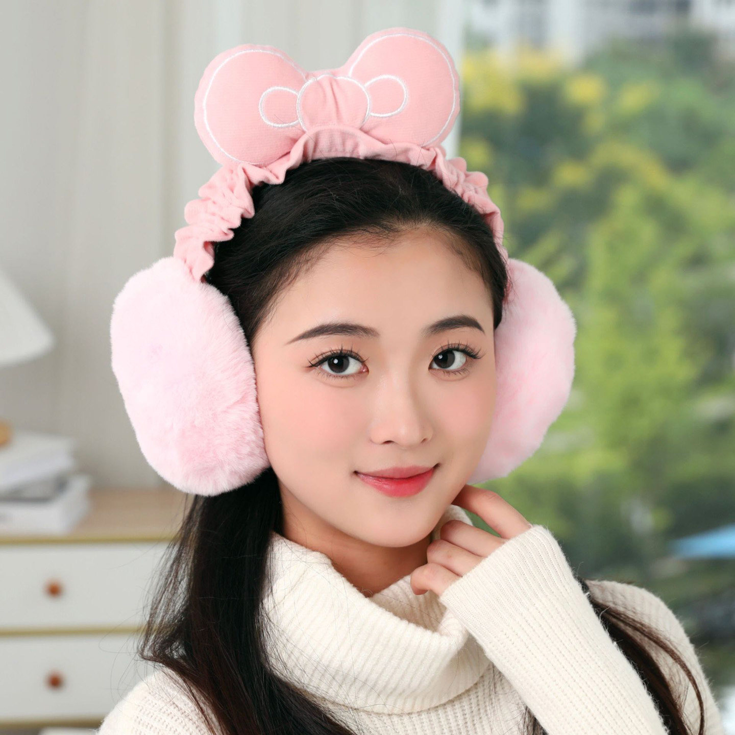 冬季保暖毛绒蝴蝶结耳套女款