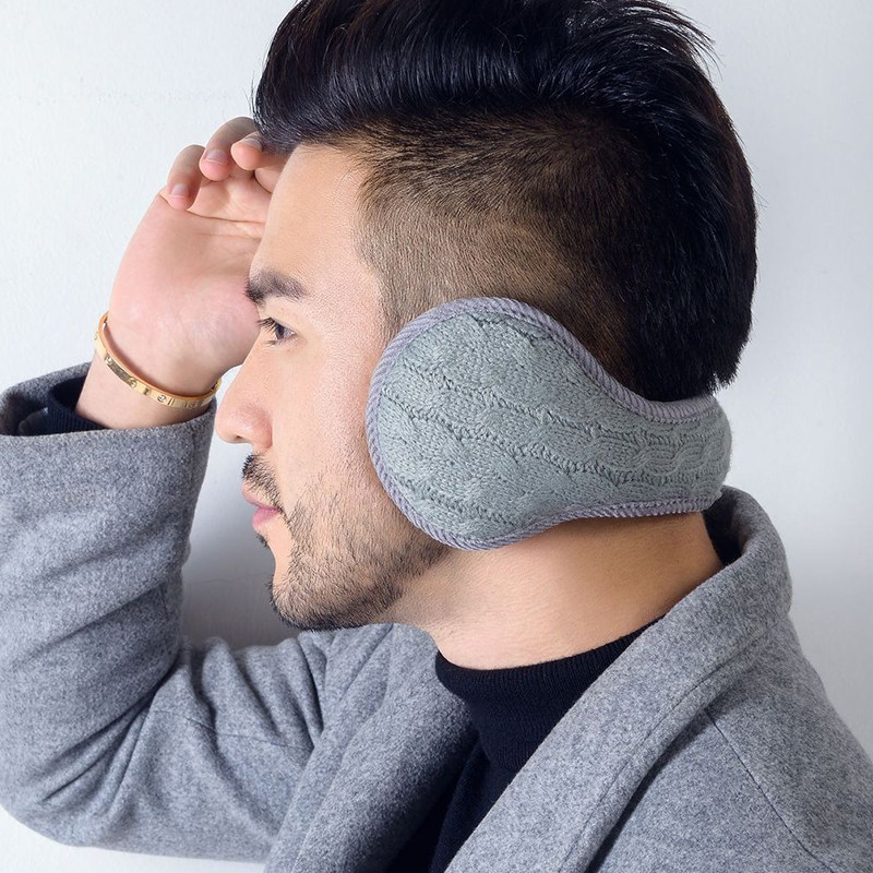 防风毛绒毛线编织冬季新款麻花针织耳套男女保暖防寒护耳罩灰色