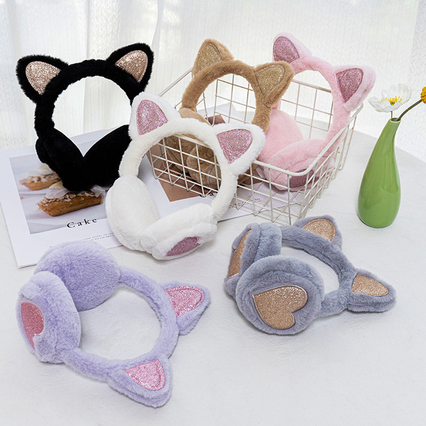 冬季可伸缩猫耳毛绒保暖耳罩女款