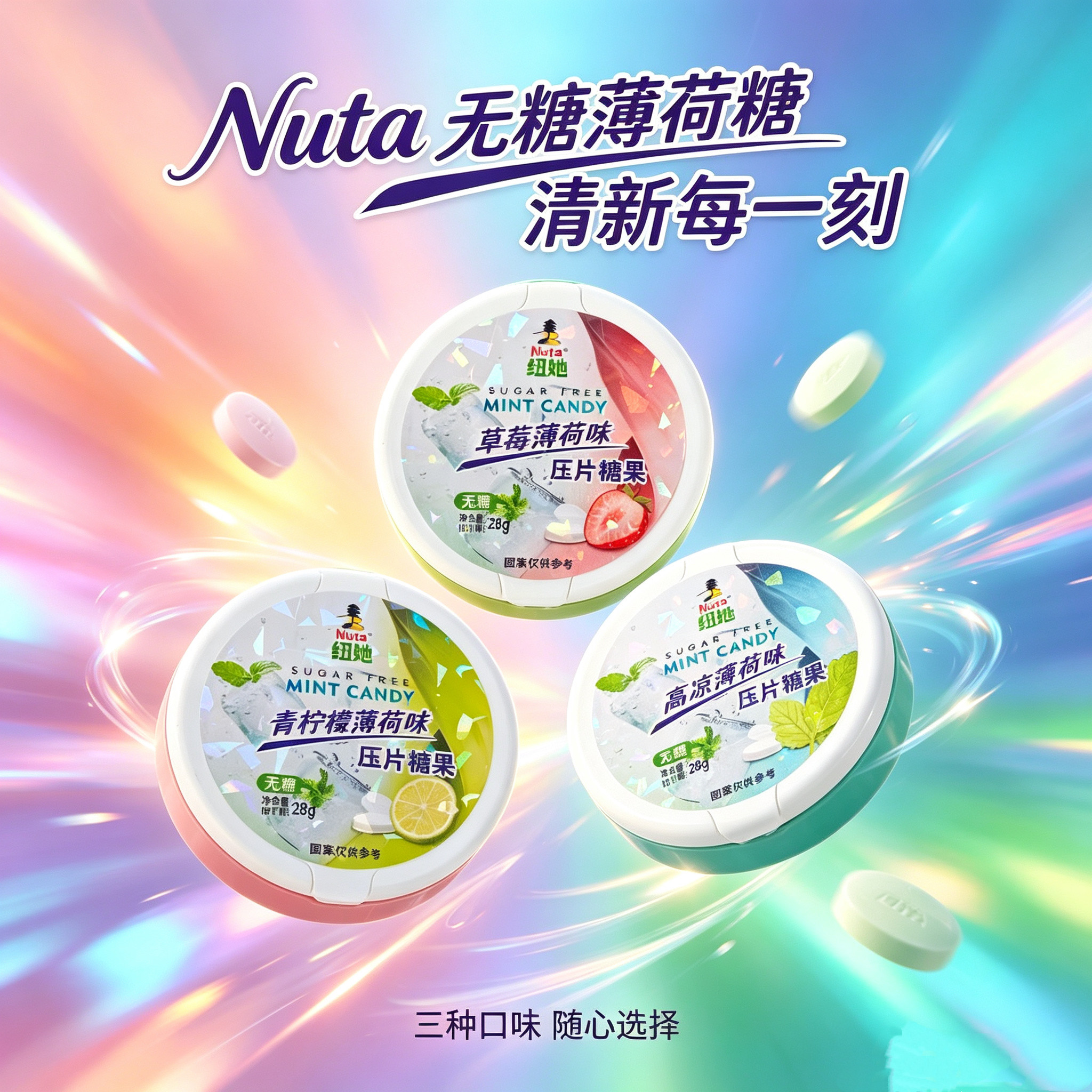 Nuta纽她无糖薄荷糖果味富含维C压片糖清新口气便携圆盒装硬糖28g