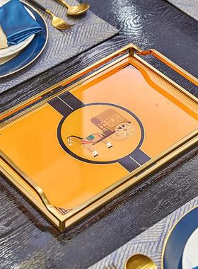 S轻奢爱马橙色玻璃铜框收纳托盘简美家居样板房客厅茶几纸巾盒