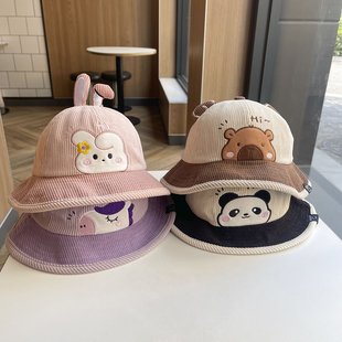 儿童帽子秋冬季可爱卡通婴儿盆帽渔夫帽男童灯芯绒女童百搭套头帽