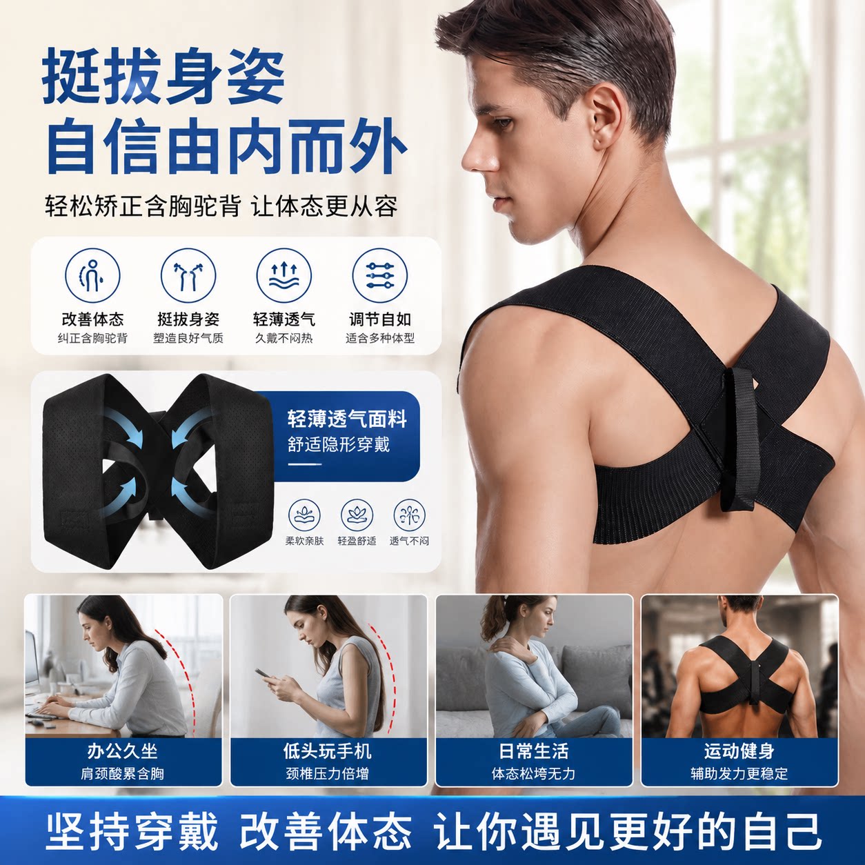 【优质品】男女同款驼背矫正器开肩带正肩胛骨背部直背成人矫姿带