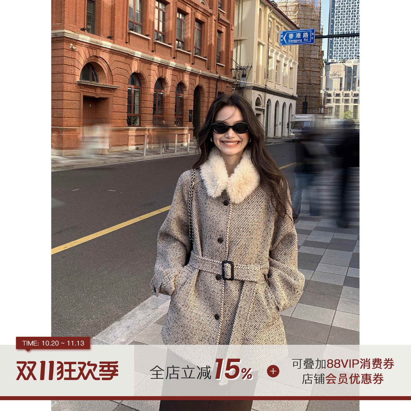 郭九九呢【白玫序】韩系复古毛呢大衣女冬季大毛领百搭中长款外套