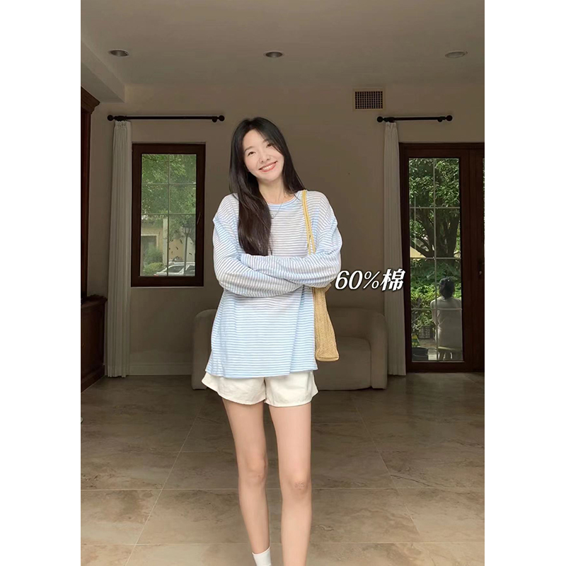 郭九九呢 棉质慵懒宽松蓝色条纹轻薄透气百搭长袖T恤女早春上衣