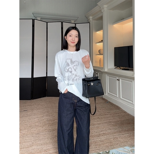 郭九九呢 女 天丝棉印花宽松显瘦长袖 t恤早秋上衣高腰阔腿牛仔裤