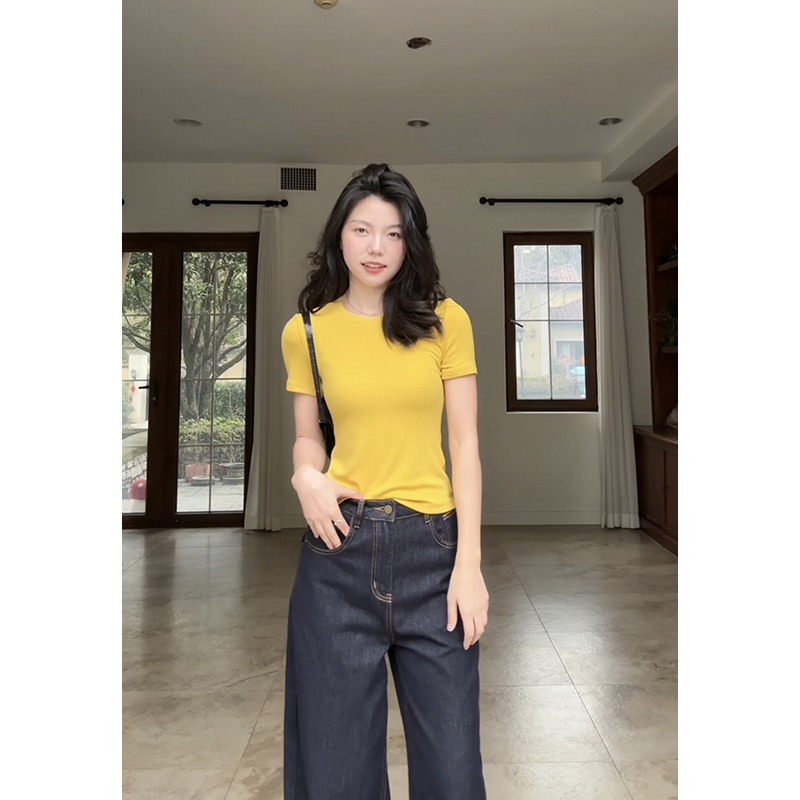 郭九九呢 经典简约百搭弹力修身短袖T恤新款显瘦阔腿牛仔裤长裤女